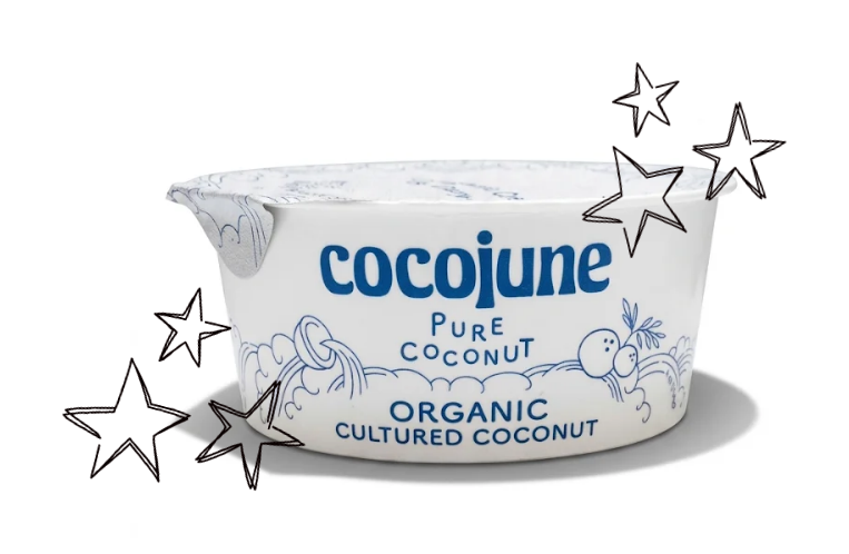 Cocojune Pure Coconut organic cultured coconut yogurt cup surrounded by hand-drawn stars