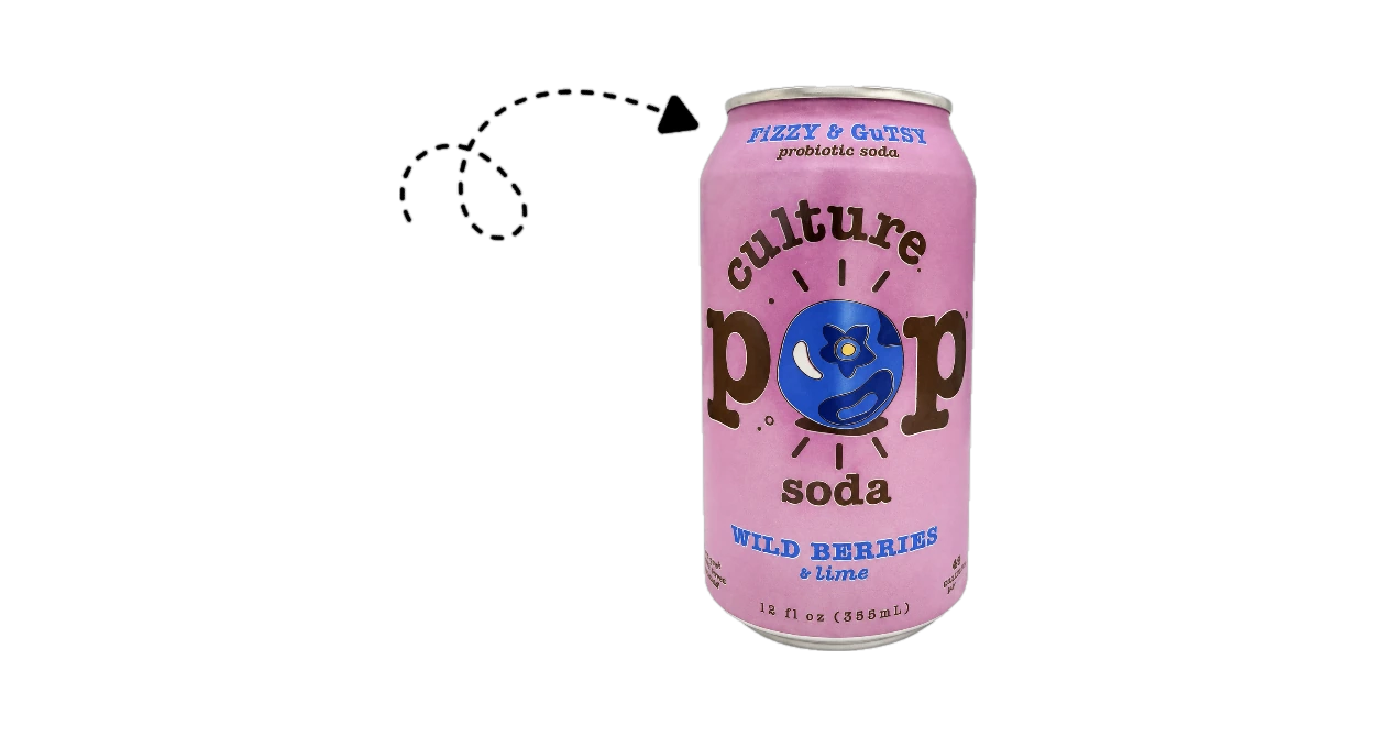 Culture Pop Wild Berries + Lime probiotic soda can with a hand-drawn arrow pointing at it
