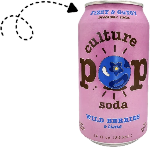 Culture Pop Wild Berries + Lime probiotic soda can with a hand-drawn arrow pointing at it
