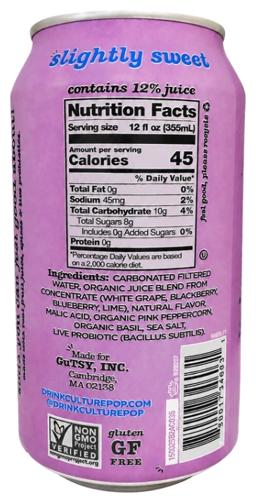 Back of a Culture Pop Wild Berries and Lime can showing the Nutrition Facts panel, the full ingredients list, and the gluten free and Non-GMO Project Verified seals