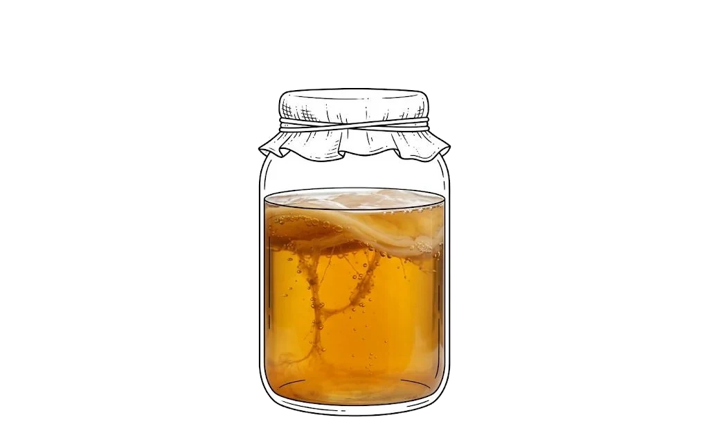 Hand-drawn illustration of a glass jar of kombucha covered with a cloth lid secured by a rubber band