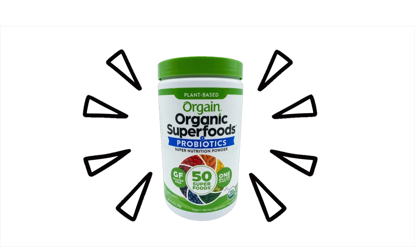 Orgain Organic Superfoods plus Probiotics powder tub surrounded by hand-drawn sparkle marks