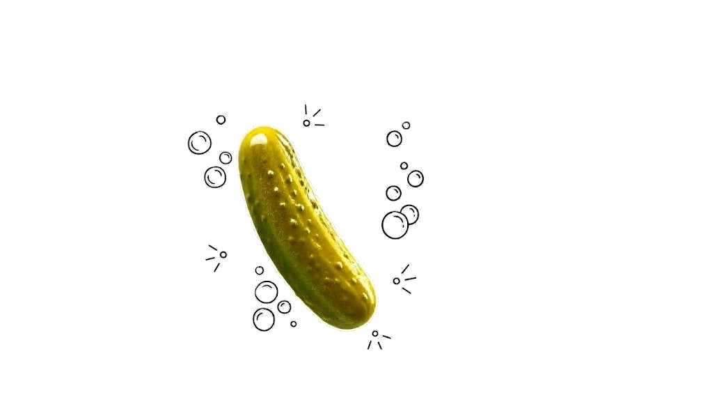 A whole green dill pickle on a white background, surrounded by hand-drawn bubbles and sparkles