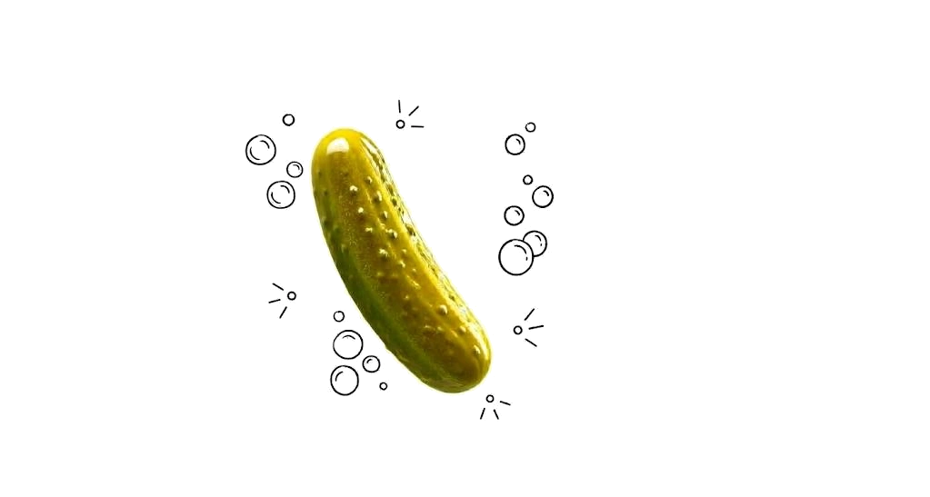 A whole green dill pickle on a white background, surrounded by hand-drawn bubbles and sparkles