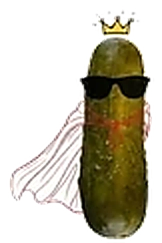 A cartoon green pickle wearing black sunglasses and a yellow crown and red cape, standing heroically