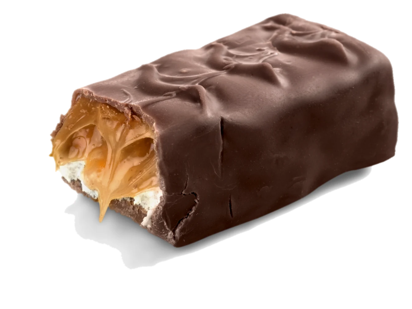 A chocolate candy bar cut open, showing white nougat, caramel, and peanuts inside a milk chocolate shell