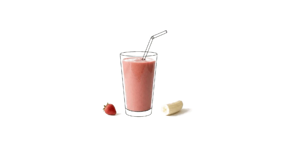 A tall glass of thick pink strawberry banana smoothie with a hand-drawn straw, a whole strawberry, and a peeled banana