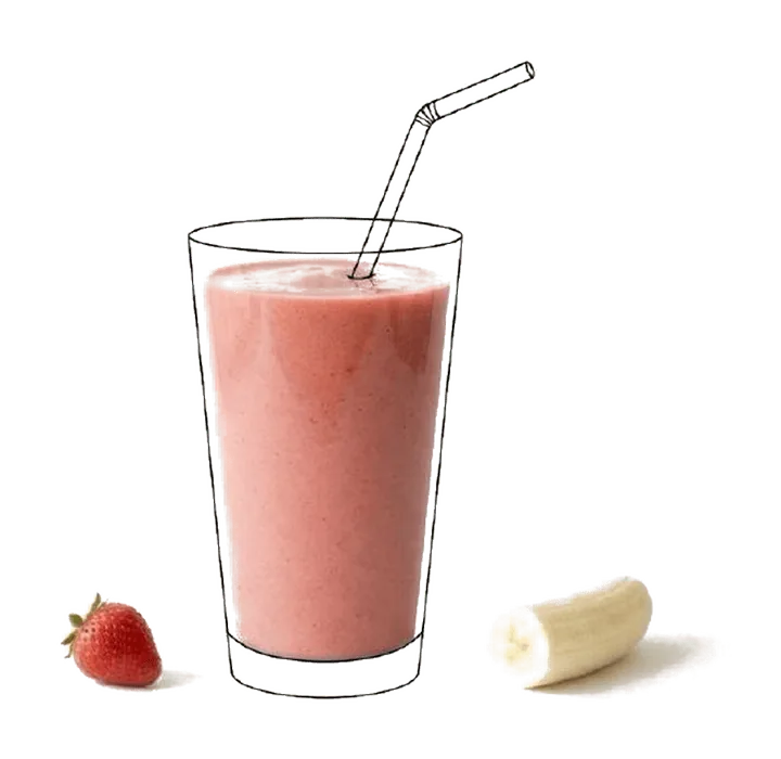 A tall glass of thick pink strawberry banana smoothie with a hand-drawn straw, a whole strawberry, and a peeled banana