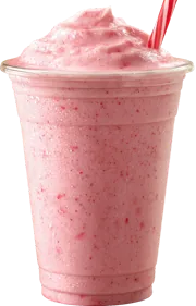 Strawberry banana smoothie in a clear cup with a whipped top
